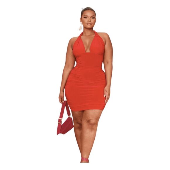 PrettyLittleThings Ruched Halter Dress Red Satin Mini 14 - Picture 1 of 12